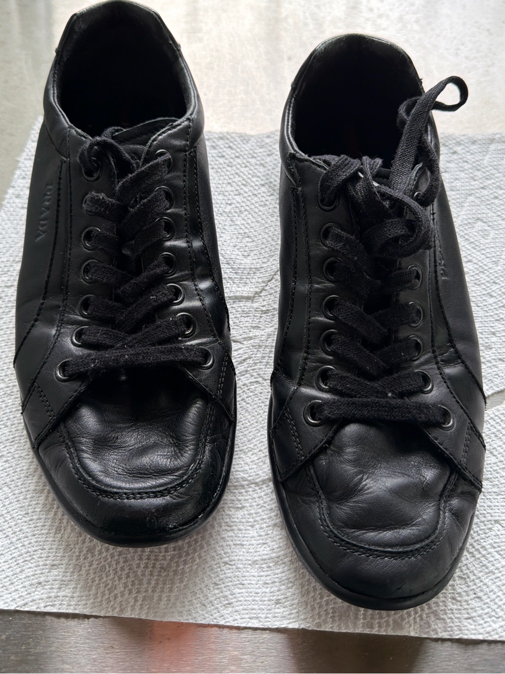 Prada Black Men’s Leather Low-Top Lace-Up Sneakers Shoes